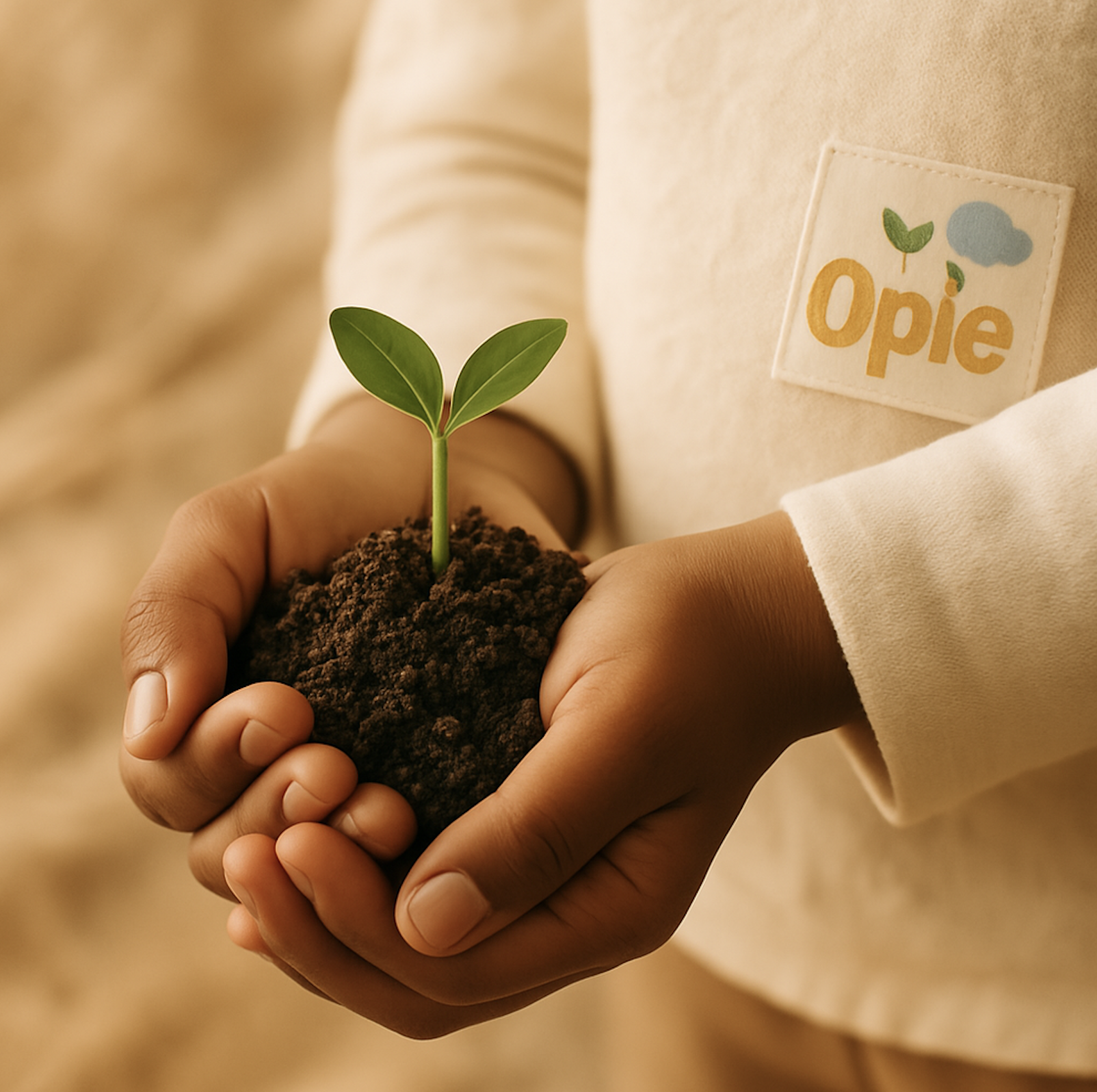 Hands gently holding a plant sprout with Opie logo, representing nurturing futures naturally