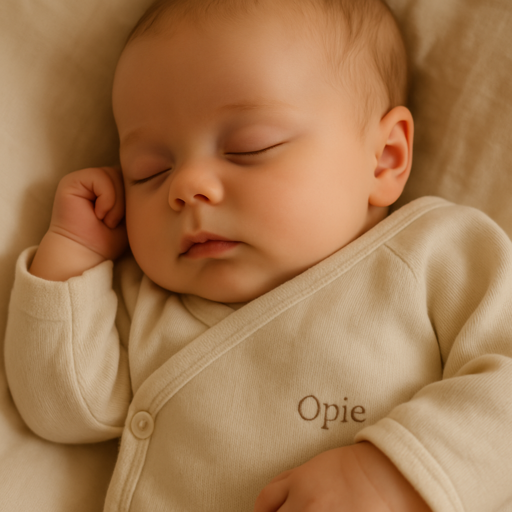 Peaceful sleeping baby wearing Opie organic cotton wrap bodysuit, representing the pure comfort and gentle care our clothing provides